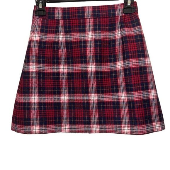 Womens Check Flare Red Mini Skirt Size 2 Wool & Silk Button Detail Made In Italy - Picture 2 of 6
